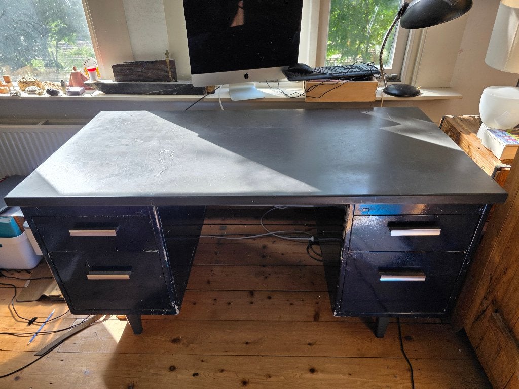 Gispen Blauw Stalen Bureautafel met 4 Lades, Ophalen, Gispen, Gebruikt, 150 cm