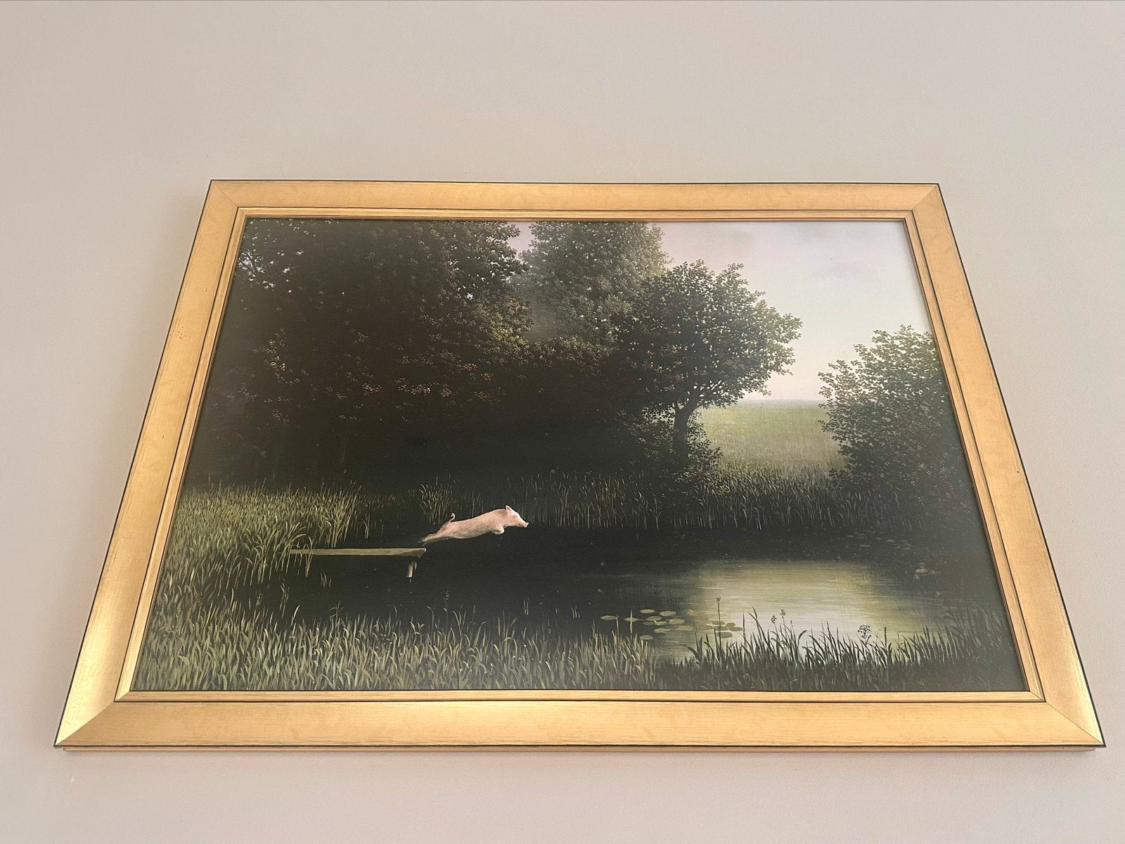 Schilderij 'Diving pig' met gouden lijst, Ophalen, Glas, Print, Dieren
