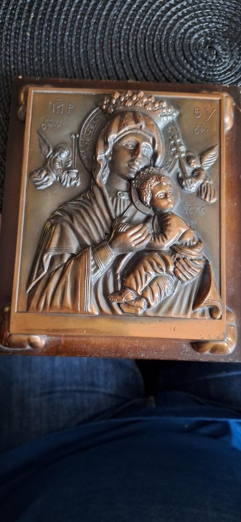 Antieke Koperen Icoon Maria met Kind - Religieuze Kunst, Ophalen of Verzenden