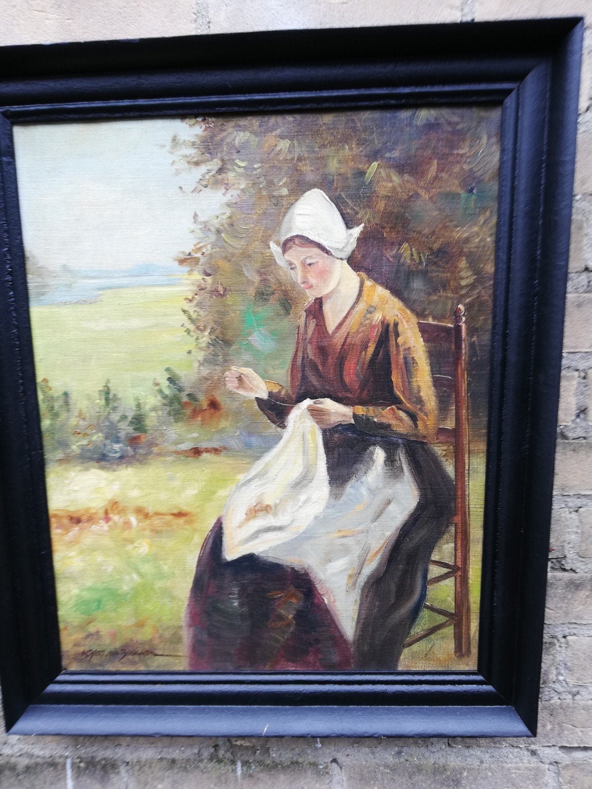 Albert van Bruggen, Dame met borduurwerk. Ca 1900/1930., Nederlandse school, Doek, Portret of Personen, Ophalen of Verzenden