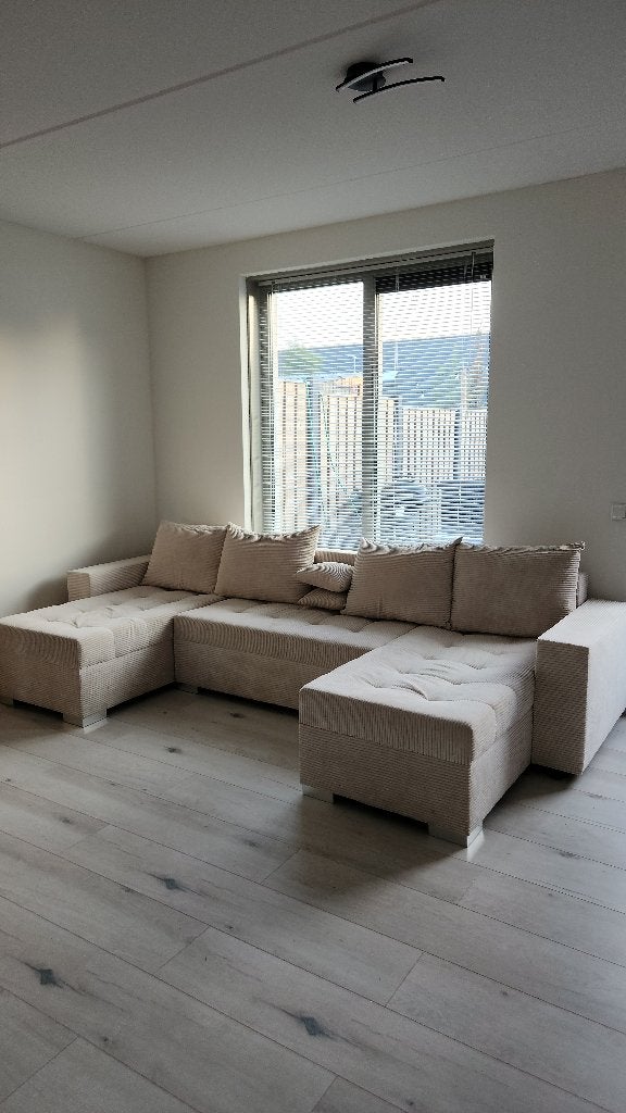 Grote U-bank in beige ribstof - Zo goed als nieuw, Ophalen, 300 cm of meer, Zo goed als nieuw, Modern, Comfortabel, Ribstof