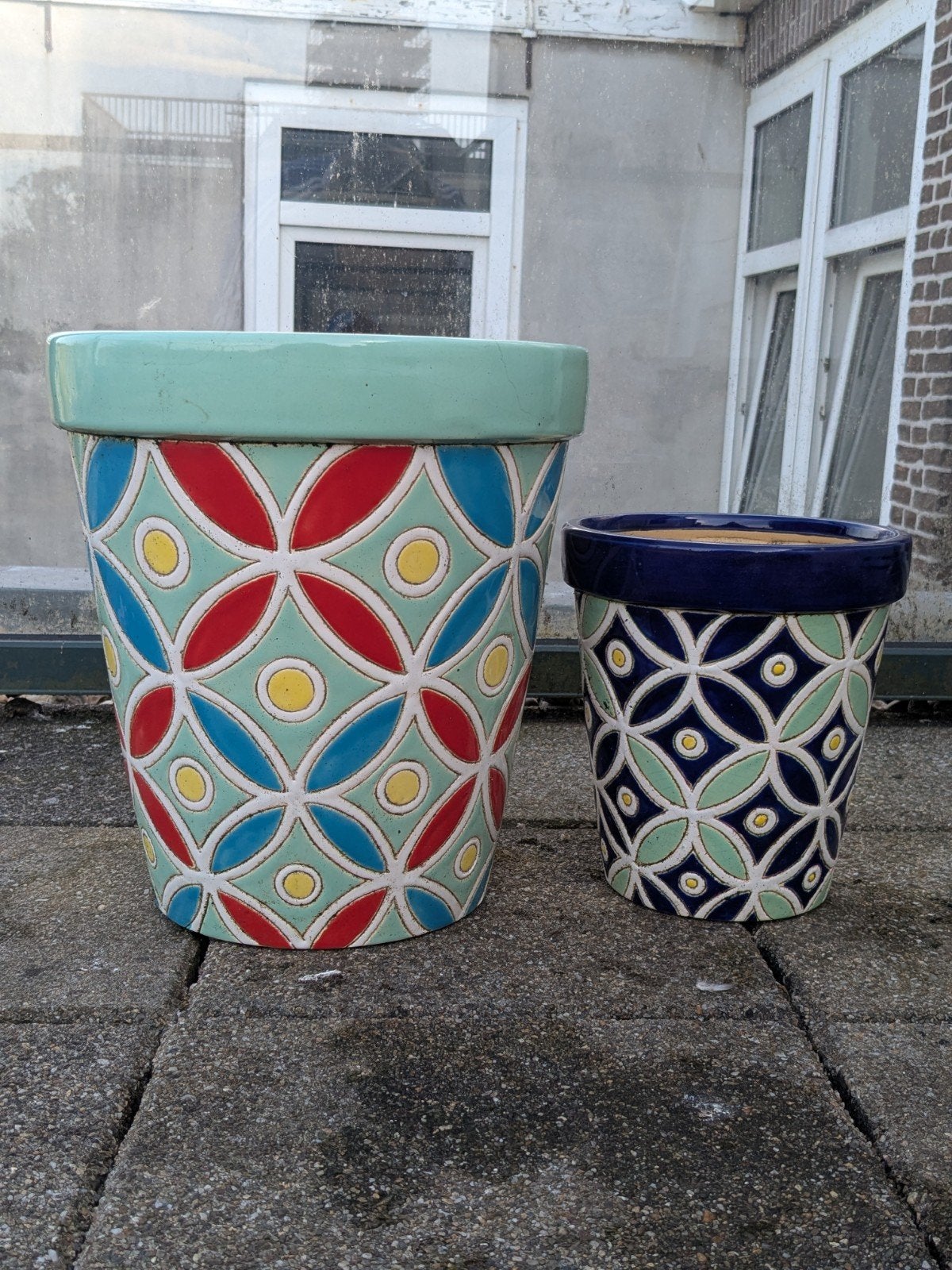 Grote en kleine plantenpot, Tuin en Terras, Bloempotten, Gebruikt, Rond, Minder dan 40 cm, Aardewerk