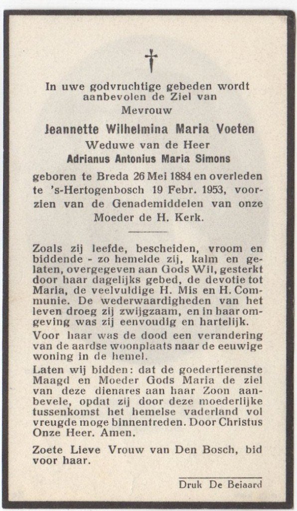 Jeannette W.M. Voeten 1884 Breda + 1953 Den Bosch, 68 jaar, Verzenden