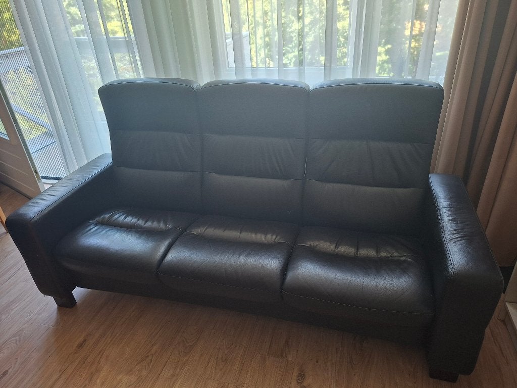 Bankstel 3 + 2 zits Stressles Wave Zwart Leer, Ophalen, Gebruikt, Minder dan 75 cm, 150 tot 200 cm