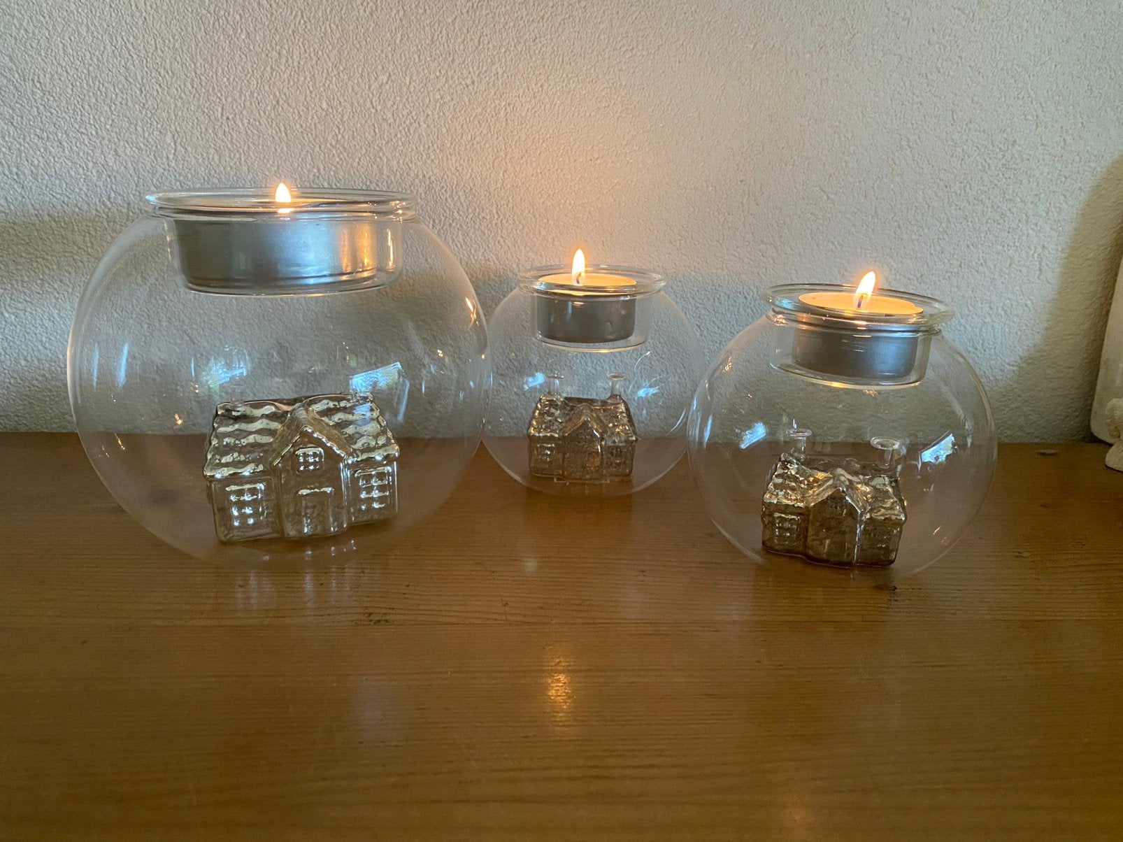Rivièra Maison glazen waxinelichthouders met huisje, Gebruikt, Rivièra Maison, Ophalen of Verzenden, Glas