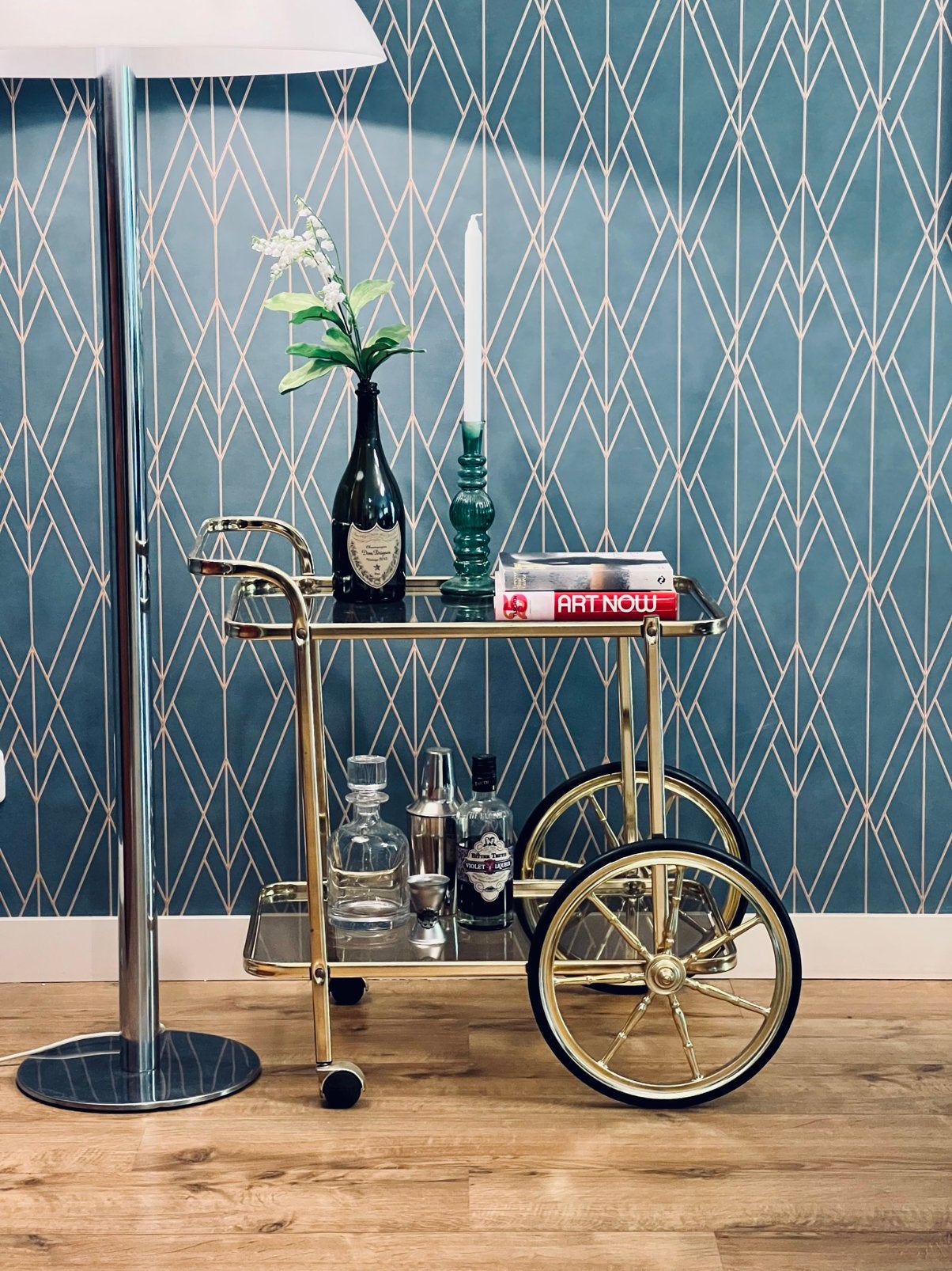 Vintage messing serveerwagen / bar cart jaren ’70 rookglas, Ophalen, Zo goed als nieuw