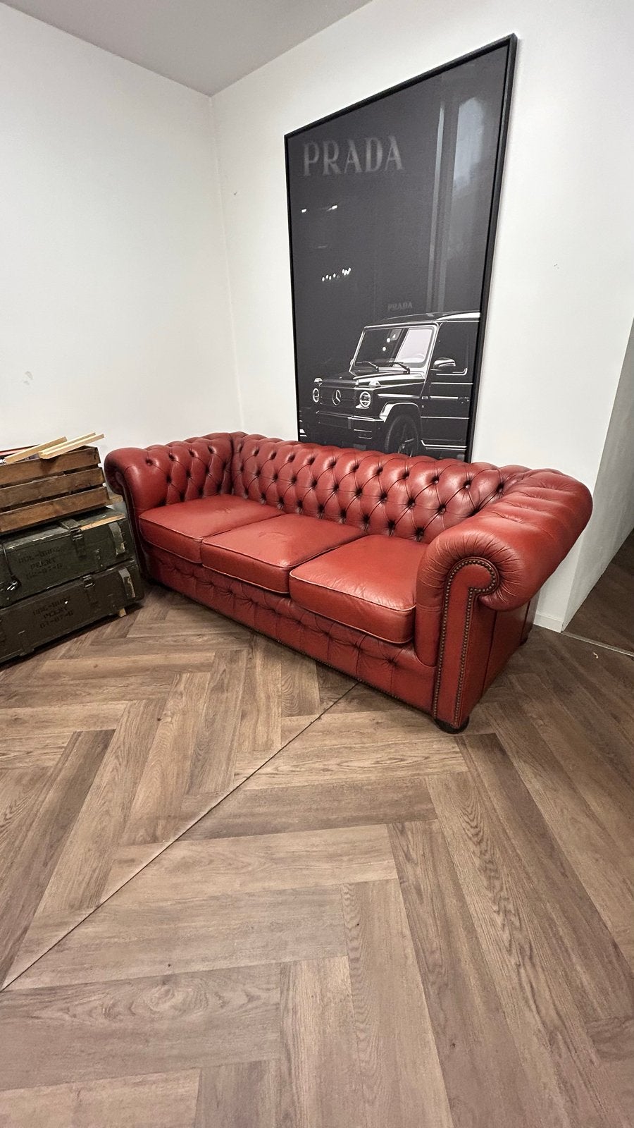 Chesterfield Winchester bank - Rood leer - 1.88m, Ophalen, Gebruikt, 150 tot 200 cm, Driepersoons