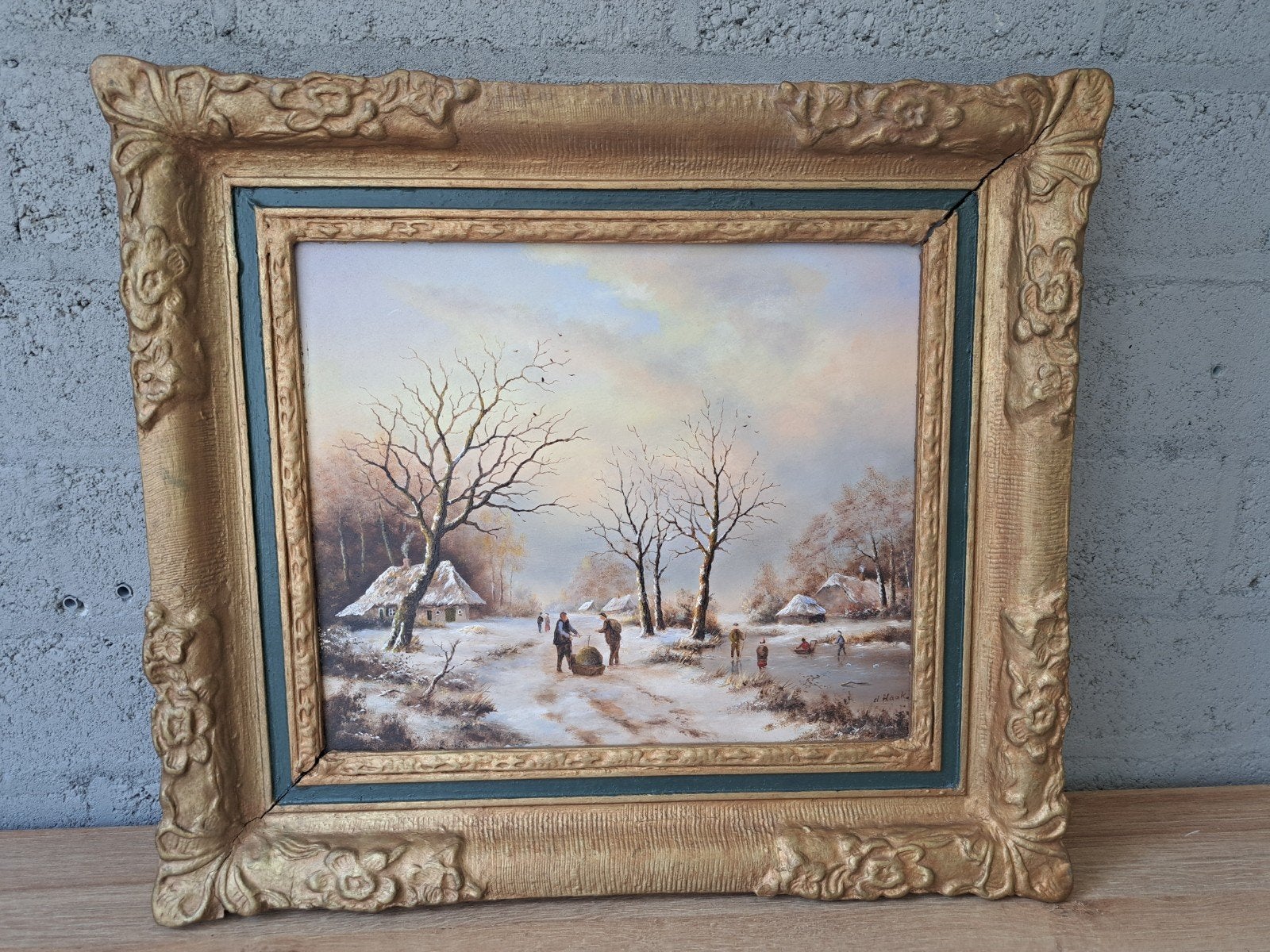 Schilderij Winterlandschap met Schaatsers - Gesigneerd, Antiek en Kunst, Ophalen of Verzenden