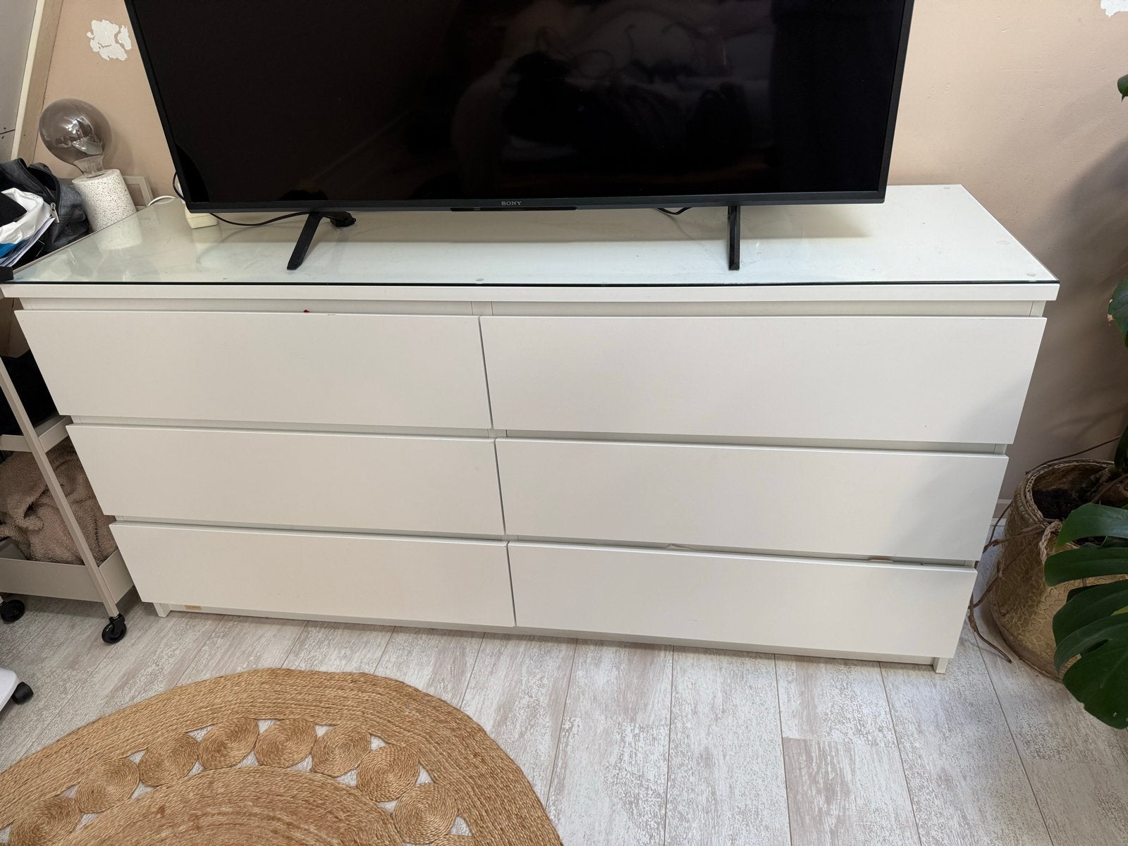 Ikea Malm ladekast wit met 6 lades en glasplaat, Ophalen, Overige materialen, Gebruikt, 5 laden of meer