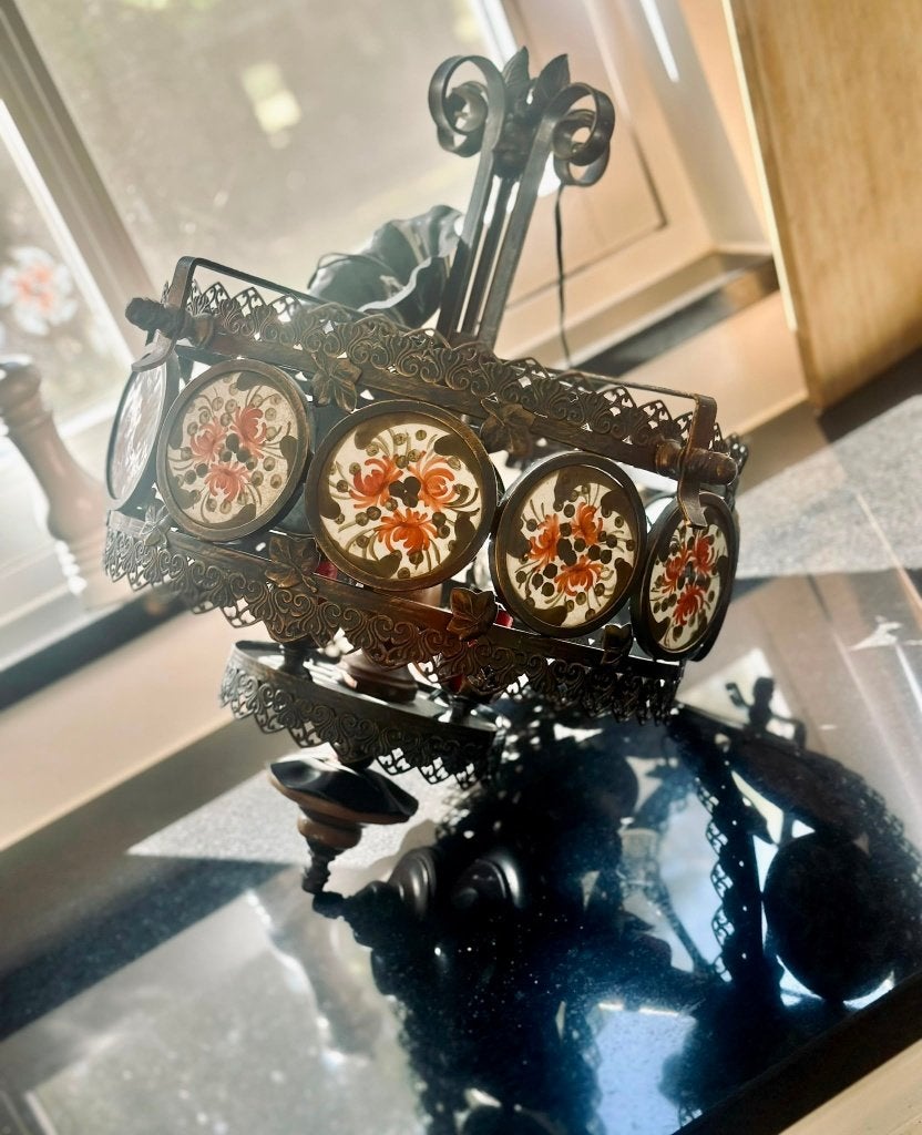 Vintage Kroonluchter Hanglamp Porselein Frans, Ophalen, Gebruikt, Metaal, Vintage, brocante, Frans