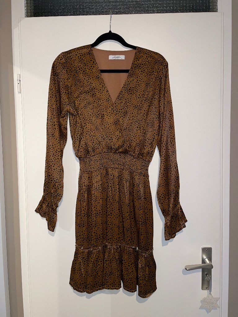 Ambika bruine stippen print jurk v-hals dress mt L, Bruin, Maat 42/44 (L), Ophalen of Verzenden, Zo goed als nieuw