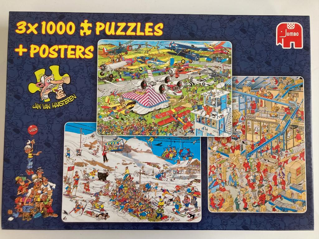 Jan van Haasteren 3 puzzels (van elk 1000 stukjes) in 1 doos, Ophalen of Verzenden, 500 t/m 1500 stukjes, Zo goed als nieuw, Legpuzzel