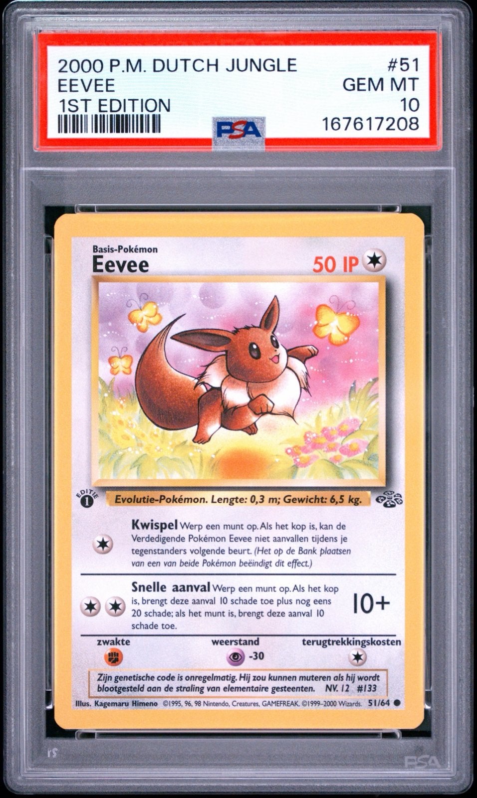 Pokémon Eevee 2000 P.M. Dutch Jungle 1st Edition PSA 10, Ophalen of Verzenden, Zo goed als nieuw, Losse kaart