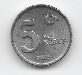 Turkije 5 yeni kurus 2005 KM# 1165, Verzenden, Midden-Oosten, Losse munt