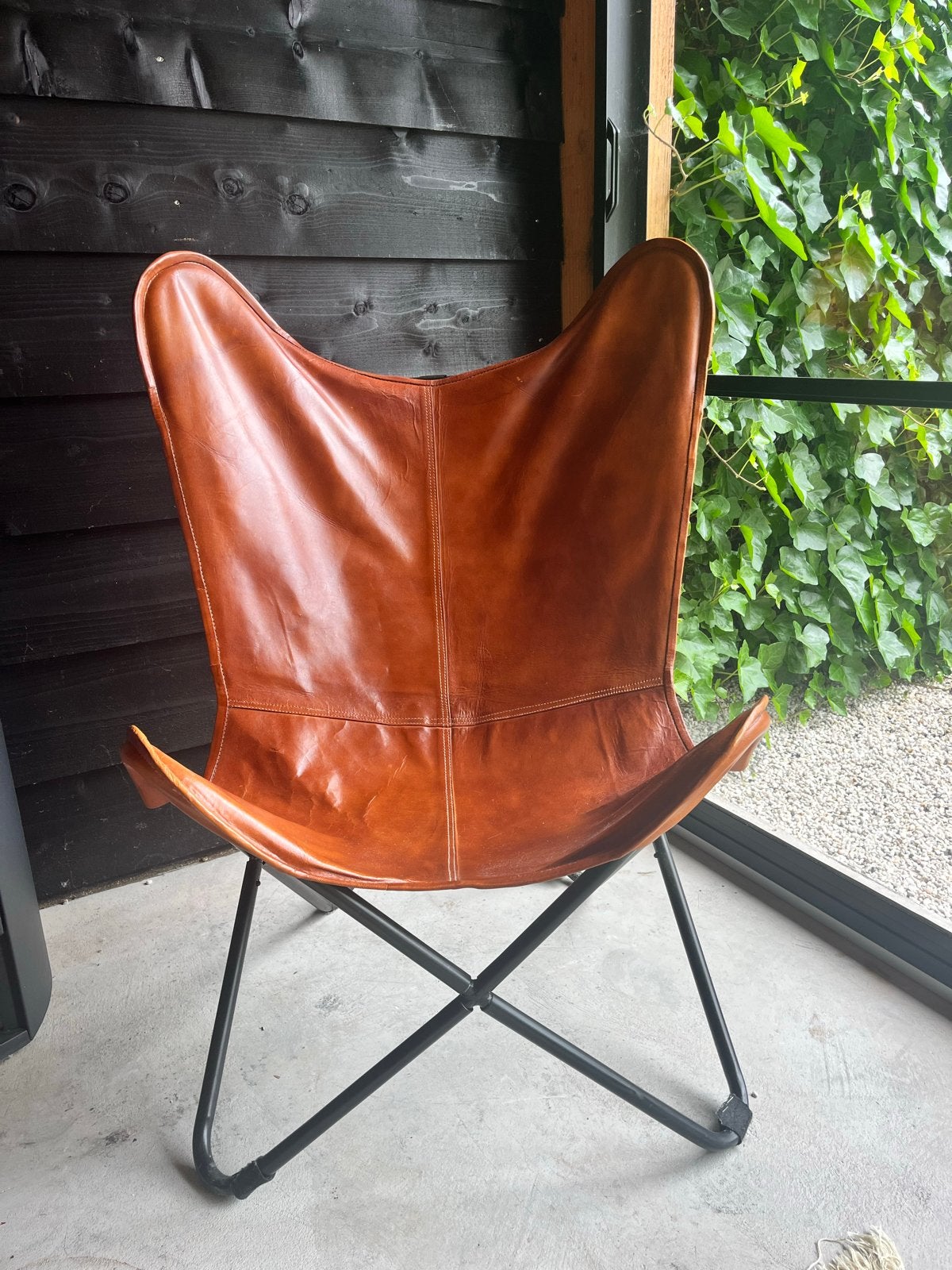 2 Leren Vlinderstoelen - Bruin, Huis en Inrichting, Ophalen, Gebruikt, Bruin, Leer