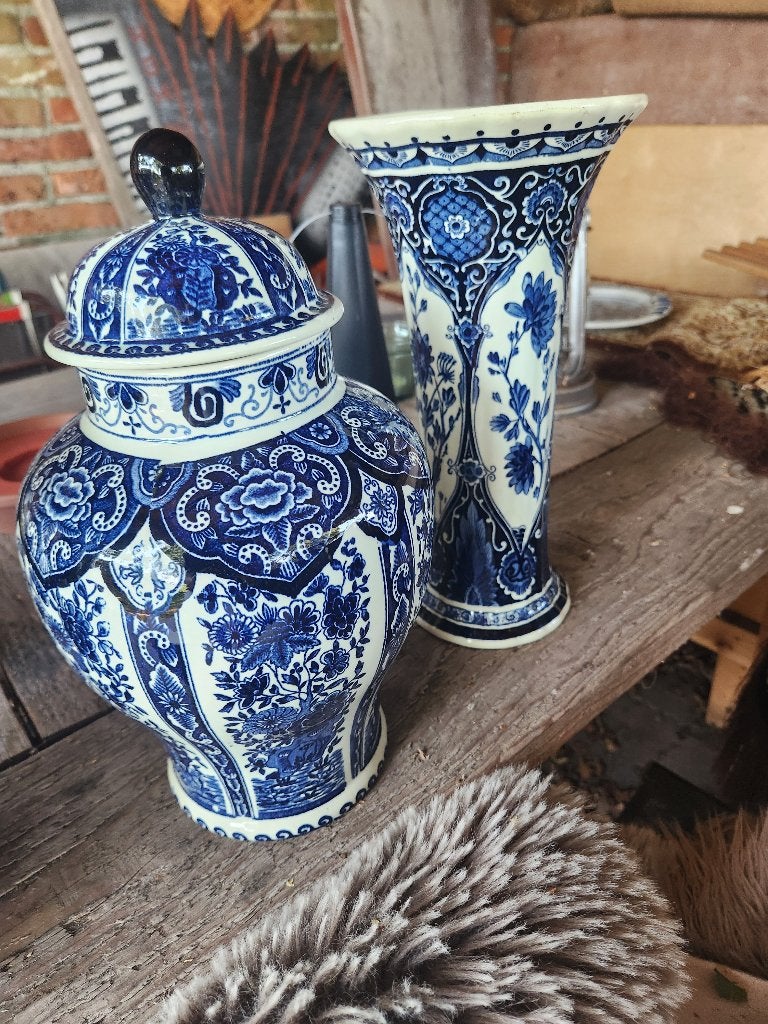 Delfts blauwe vazen set: gemberpot en vaas, Huis en Inrichting, Ophalen, Met patroon/structuur, Gebruikt, Blauw