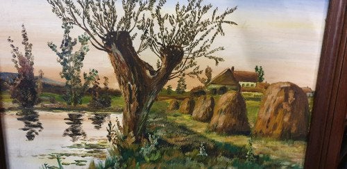 schilderij bomen water hooi en bergen, Ophalen of Verzenden, 'T Olde Gre-j, Info@toldegrej.nl, Endepoelstraat 20f Didam