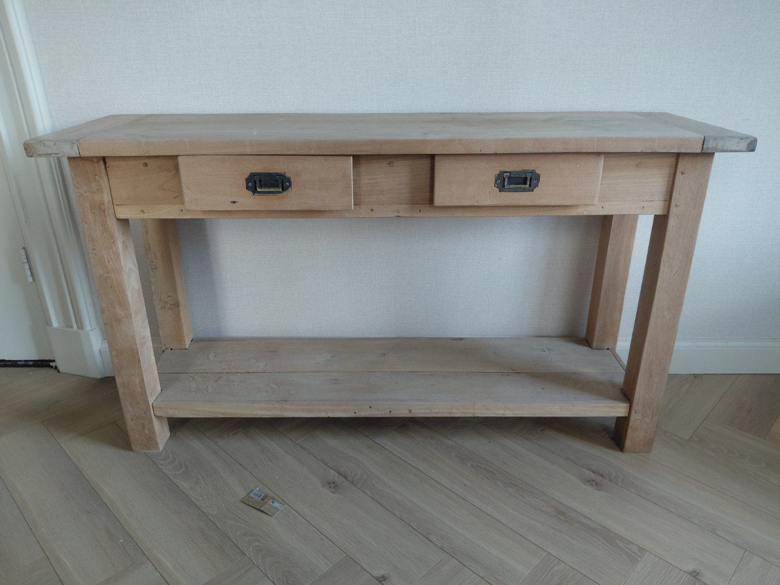 Houten sidetable met lades en plank - 140x40x78 cm, Ophalen, Minder dan 50 cm, Gebruikt, 100 tot 150 cm