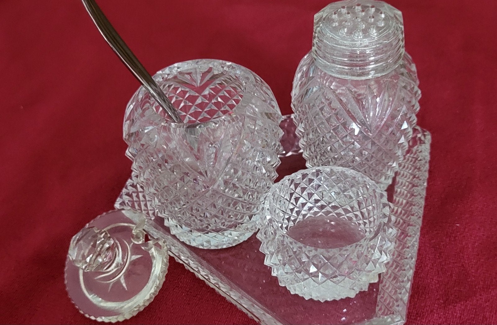 Vintage setje glazen potjes, peper, zout, Antiek en Kunst, Ophalen of Verzenden