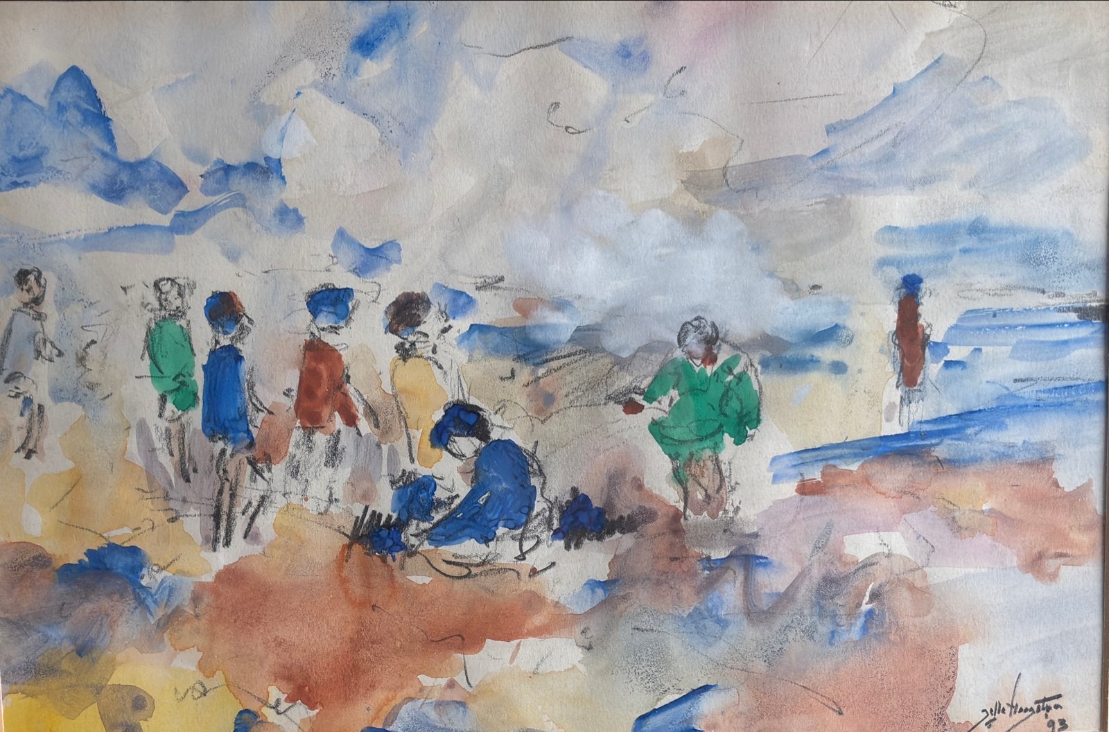 Aquarel Jelle Hoogstra - Strandgezicht (1993), Aquarel, Papier/karton, Ingelijst, Landschap