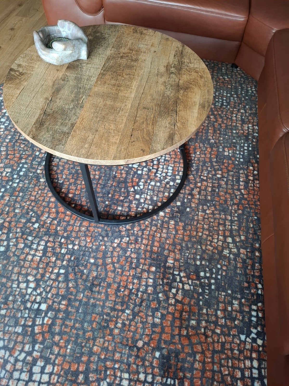 Ronde salontafel met houten blad en metalen onderstel, Ophalen, Gebruikt, 50 tot 100 cm, Rond
