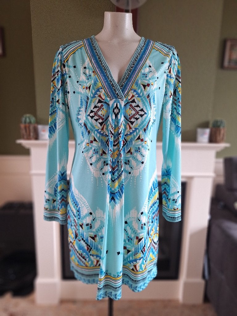 Hale Bob turquoise plaatje van een jurk L, Maat 42/44 (L), Zo goed als nieuw, Knielengte, Hale Bob