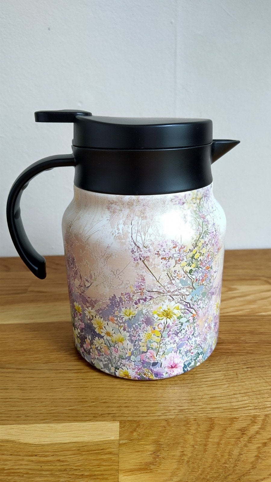 kleurrijke thermoskan theepot met bloemen en reigers, Theepot/fluitketel, Ophalen of Verzenden, Zo goed als nieuw, Metaal