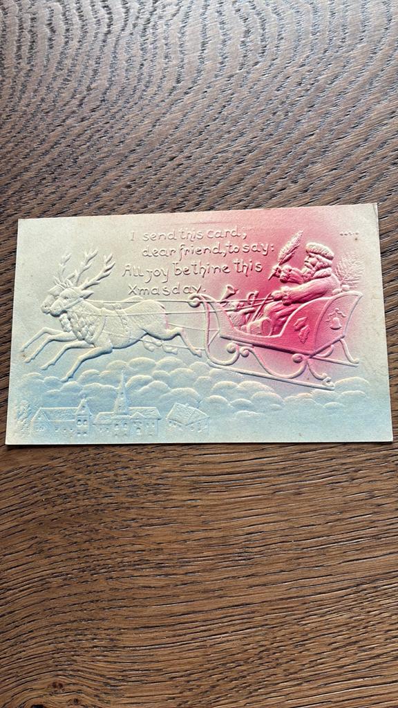 Reliefkaart.1907.Kerstman op arreslee met herten in wolken, Ophalen of Verzenden, Voor 1920, Overige thema's