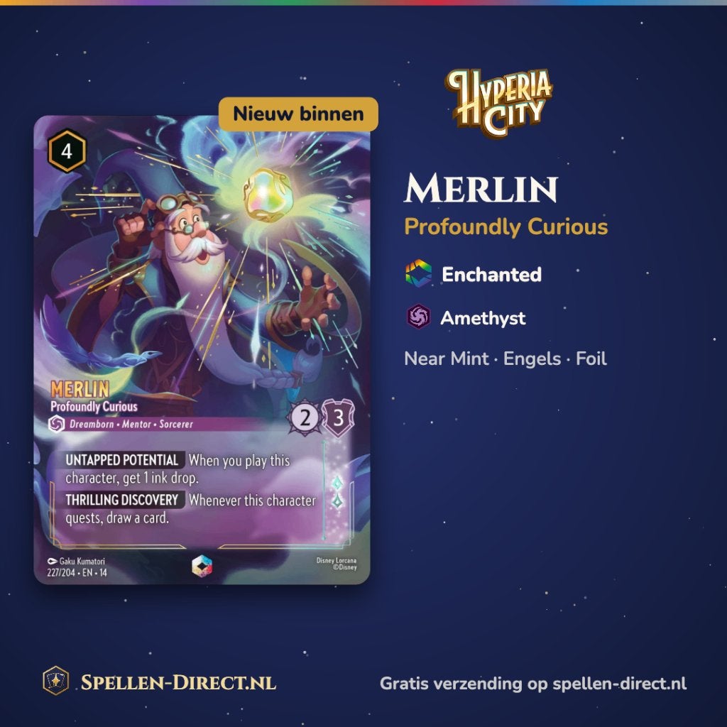 Disney Lorcana Merlin Profoundly Curious Enchanted Foil, Ophalen of Verzenden, Nieuw, Losse kaart