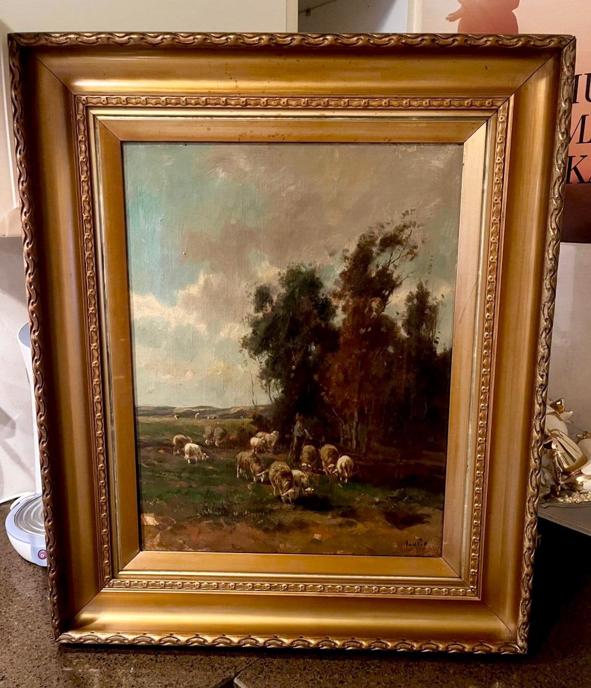 Antiek olieverf herder met schapen schilderij, Antiek en Kunst, Ophalen, Doek, Dieren, Gesigneerd