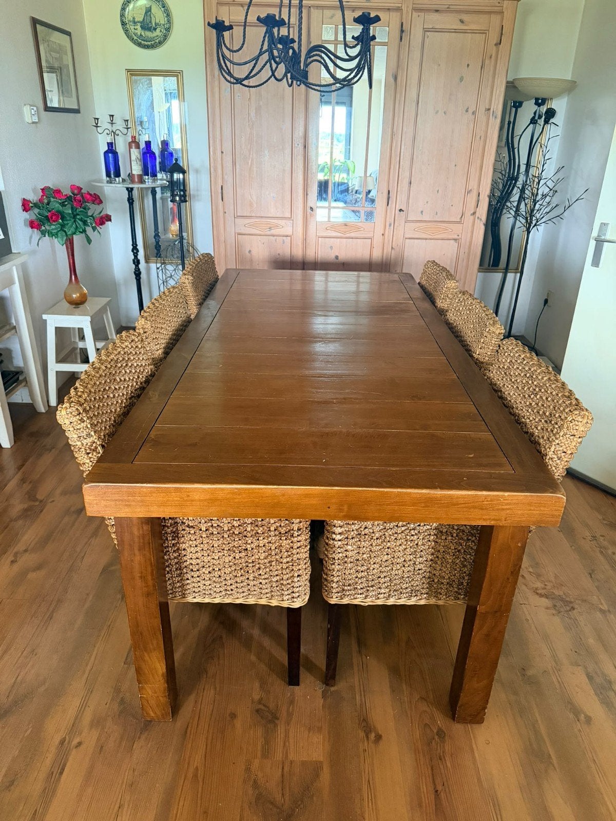 Mooie grote eettafel met 6 stoelen zie foto's!, Ophalen, Gebruikt, Landelijk, koloniaal, modern, 6 tot 8 stoelen