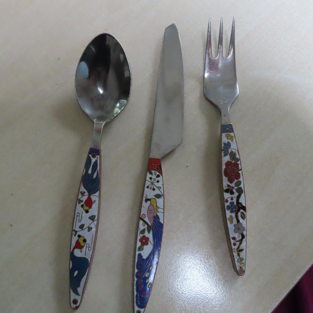 Vintage emaille bestekset (3-delig), jaren 50–70  kinderset, Overige materialen, Gebruikt, Verzenden, Overige typen