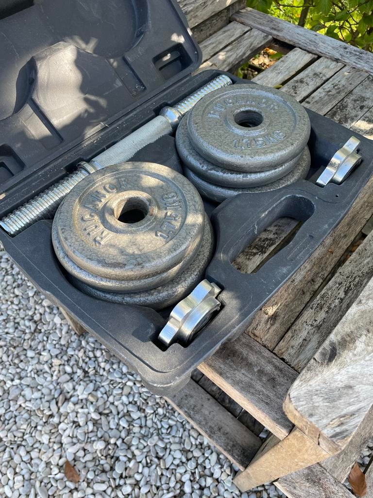 Dumbbell set met gewichten in koffer 1.75, 2 en 2.5 kg., Sport en Fitness, Fitnessmaterialen, Ophalen, Zo goed als nieuw, Armen