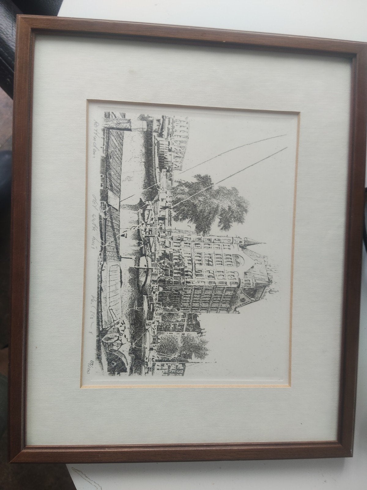 Prachtige Ets-Stadsgezicht met gracht en gebouwen, Antiek en Kunst, Ophalen of Verzenden, 1950 - 1999, Ets, Genummerd