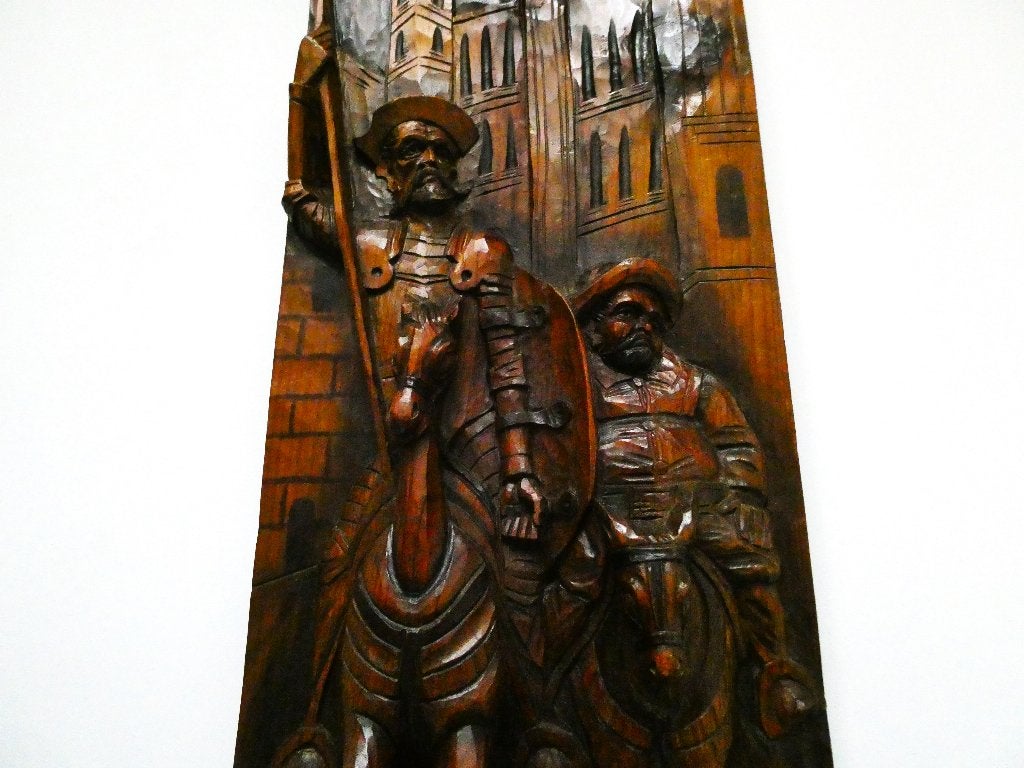 Don Quichot paard en Sancho Panza ezel houtgesneden paneel, Houtsnijwerk, Handgemaakt, Hout, Bruin