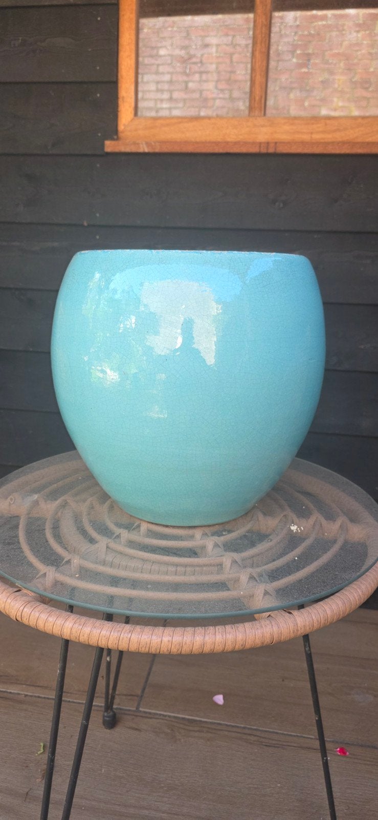 Grote turquoise bloempot van aardewerk, Tuin en Terras, Gebruikt, Rond, Minder dan 40 cm, Binnen
