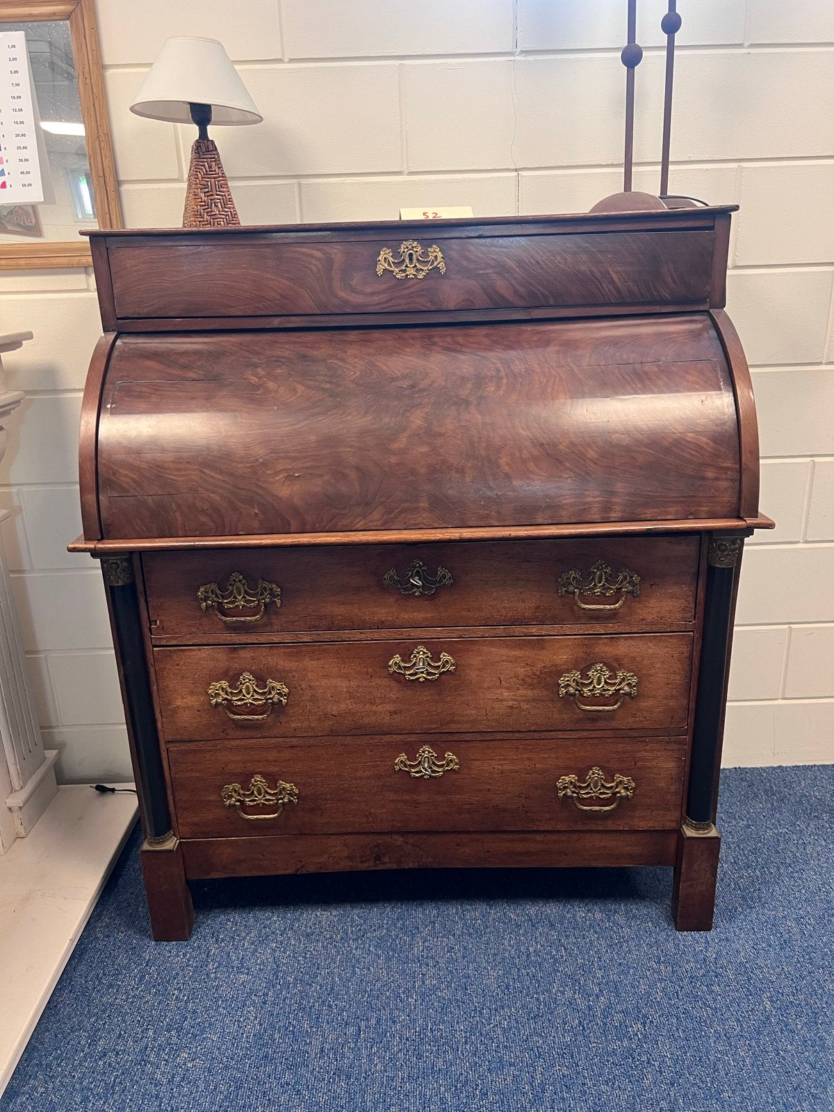 Antieke Mahonie Secretaire met Rolklep en Messing Handgrepen, Huis en Inrichting, Ophalen, Zo goed als nieuw