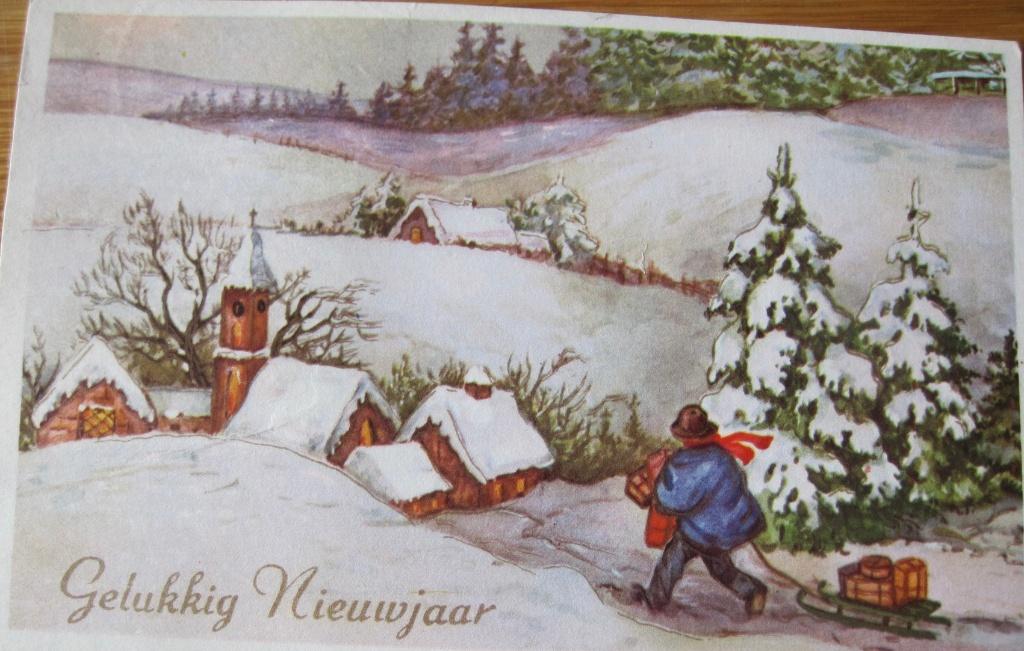 Gelukkig nieuwjaar - man met slee met cadeautjes, Verzenden, 1960 tot 1980, Gelopen, Overige thema's