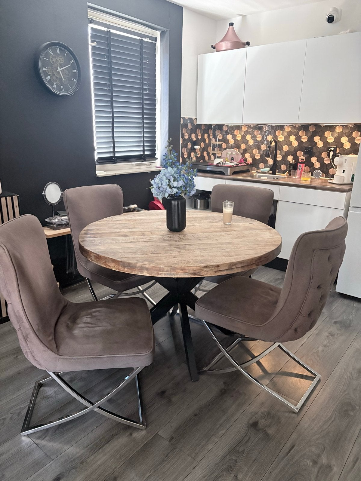 Ronde eettafel set mangohout, Gebruikt, Overige materialen, Rond, Ophalen of Verzenden