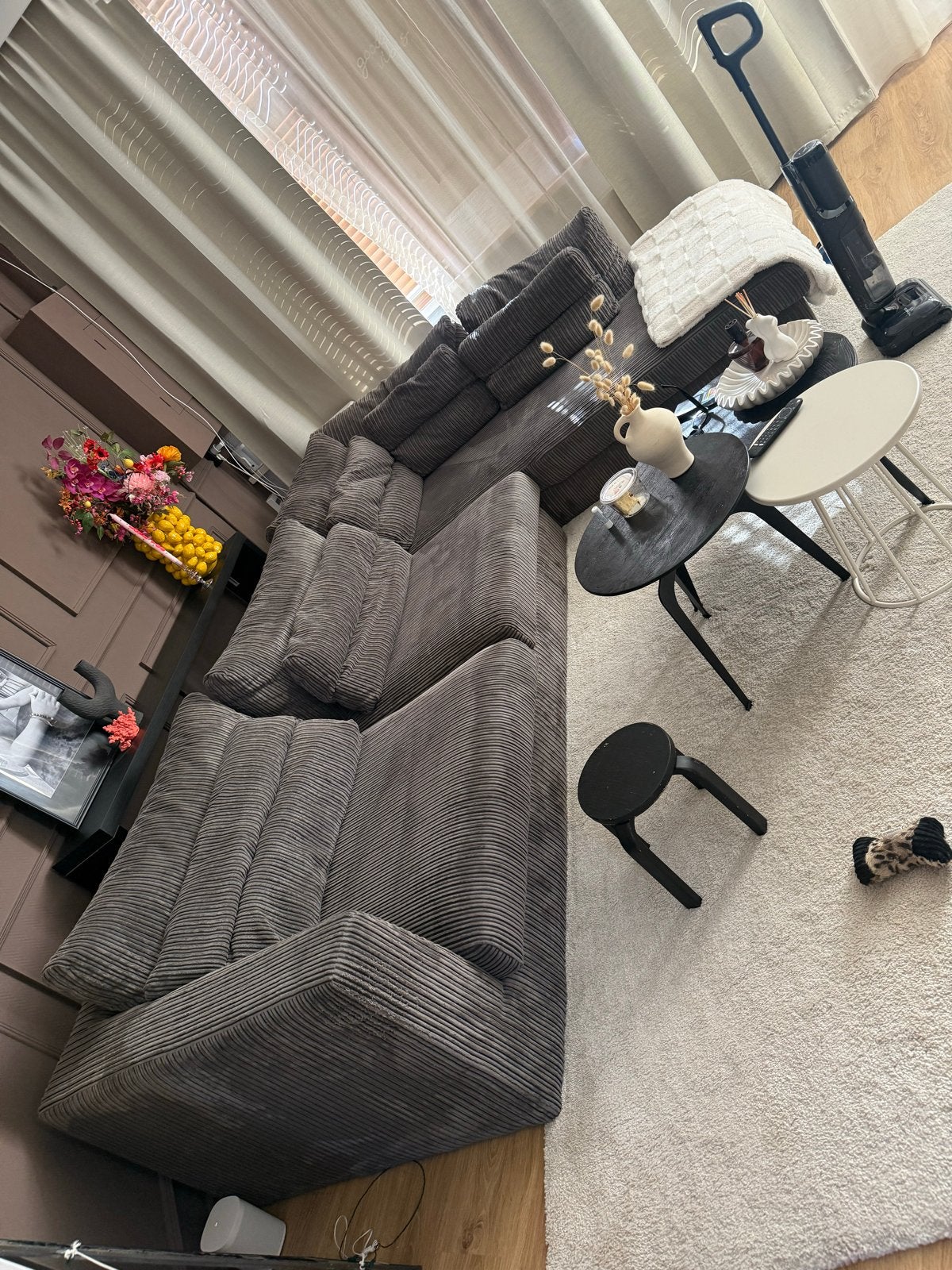 Comfortabele Hoekbank - Grijs Ribstof, Gebruikt, 100 tot 125 cm, Hoekbank, 300 cm of meer