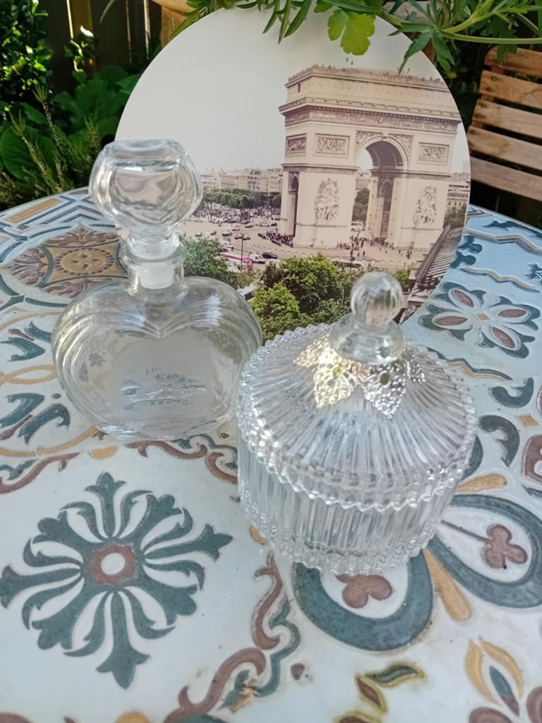 Vintage Toilettafel Set: Karafflesje watten potje met zil, Antiek en Kunst, Verzenden