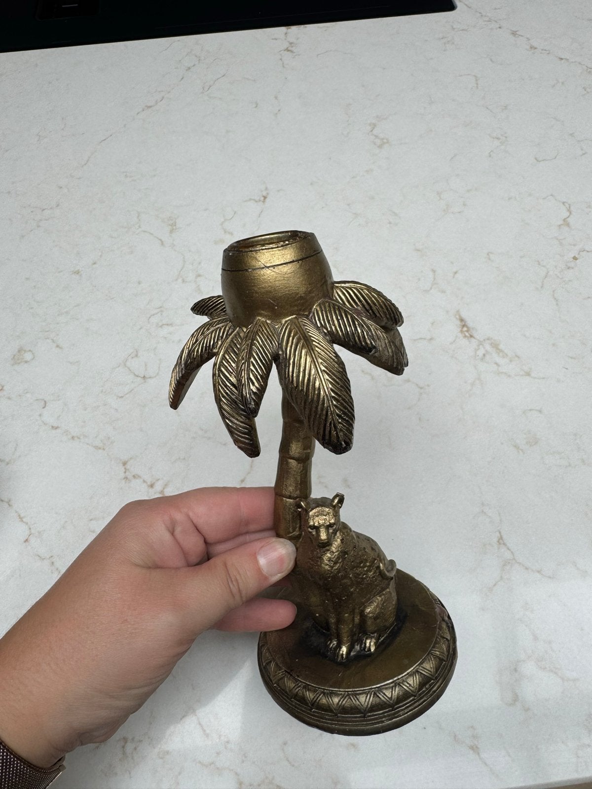 Gouden Kandelaar Palmboom met Luipaard, Overige merken, Ophalen of Verzenden, Zo goed als nieuw, Kandelaar