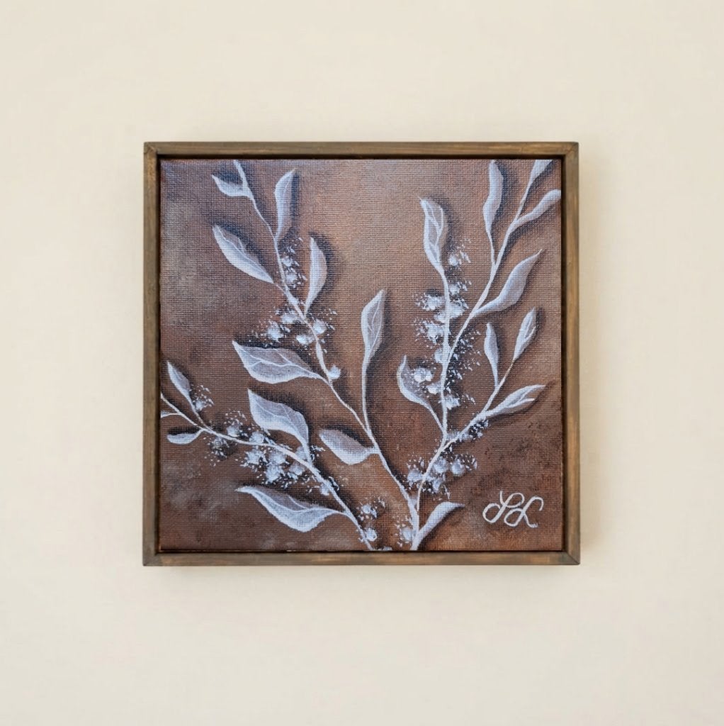 Hand-Painted Botanical Canvas Art (17x17cm), Bloemen, Acrylverf, Expressionistisch, Gesigneerd