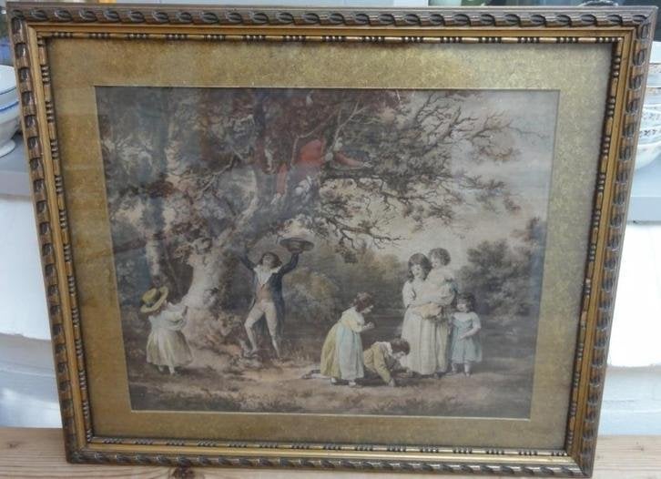 Brocante prent met kinderen in mooie bewerkte lijst, Ophalen of Verzenden