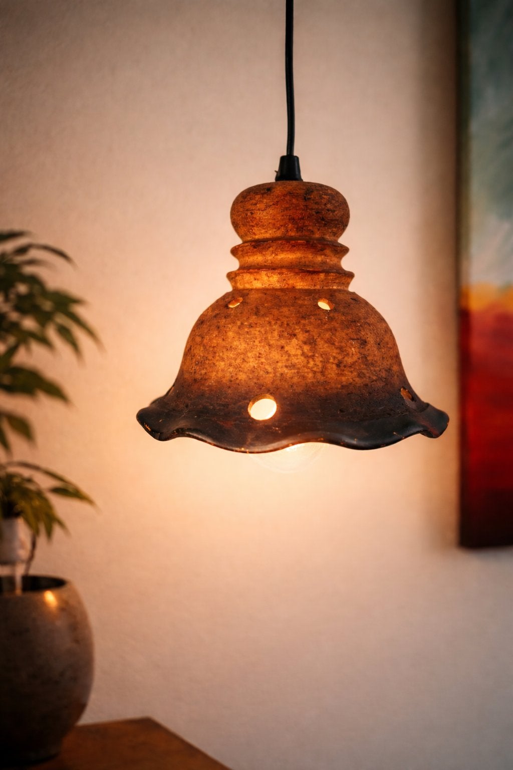 Sfeervolle vintage keramieken/aardewerken hanglamp, Huis en Inrichting, Lampen | Hanglampen, Ophalen of Verzenden, Zo goed als nieuw