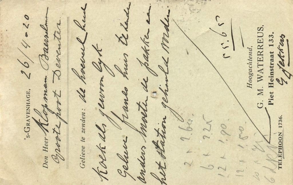 G.M. Waterreus, s-Gravenhage - 04.1920 - briefkaart, Ophalen of Verzenden, Briefkaart