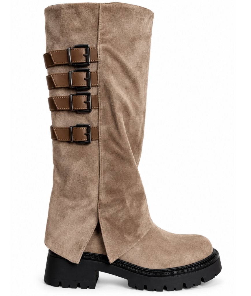 Hoge suedine boots met flap en gespen khaki mt 39, Hoge laarzen, Bruin, Nieuw, Ophalen of Verzenden