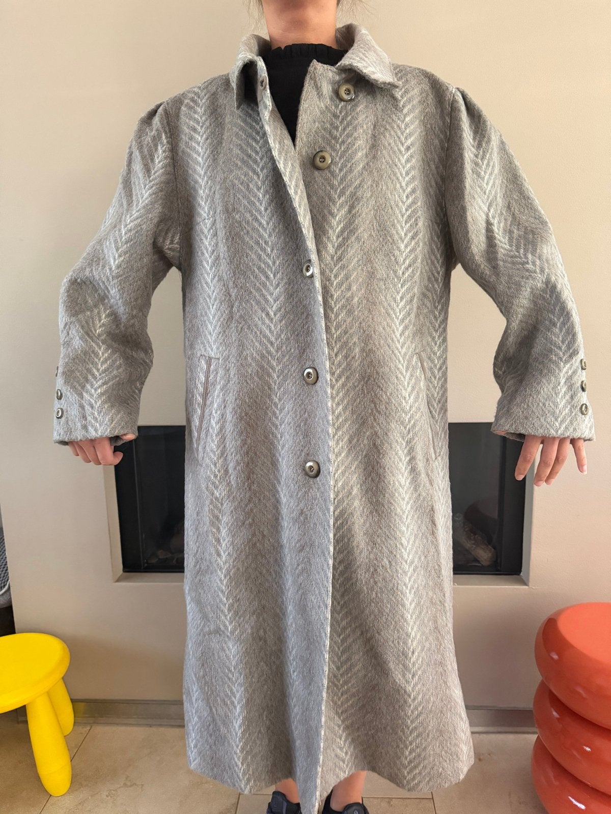 Lama wol lange dames jas, maat 46 wollen trenchcoat damesjas, Ophalen of Verzenden, Gedragen, Maat 46/48 (XL) of groter, Grijs