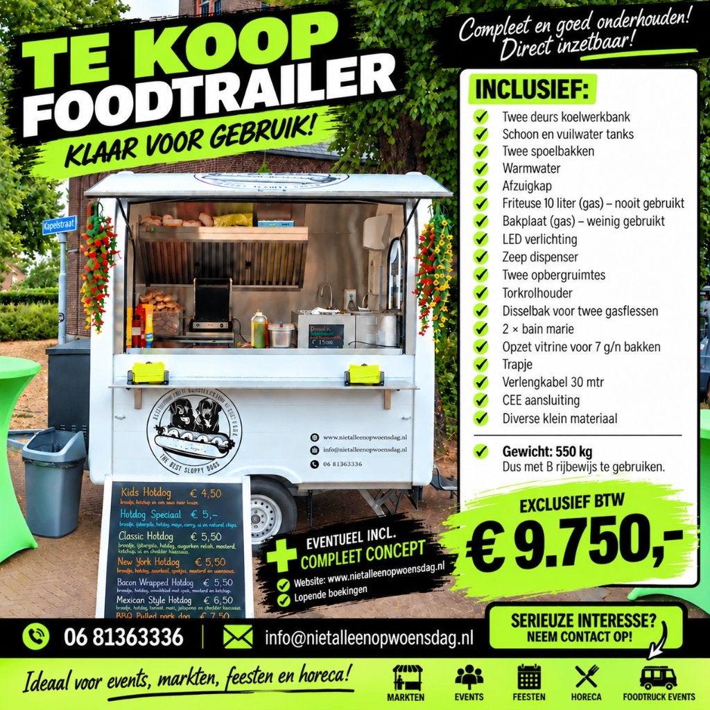 Foodtrailer compleet | 550kg | B-rijbewijs |€9750 excl btw, Ophalen, Multiwagon, Info@multiwagon.nl, Holten