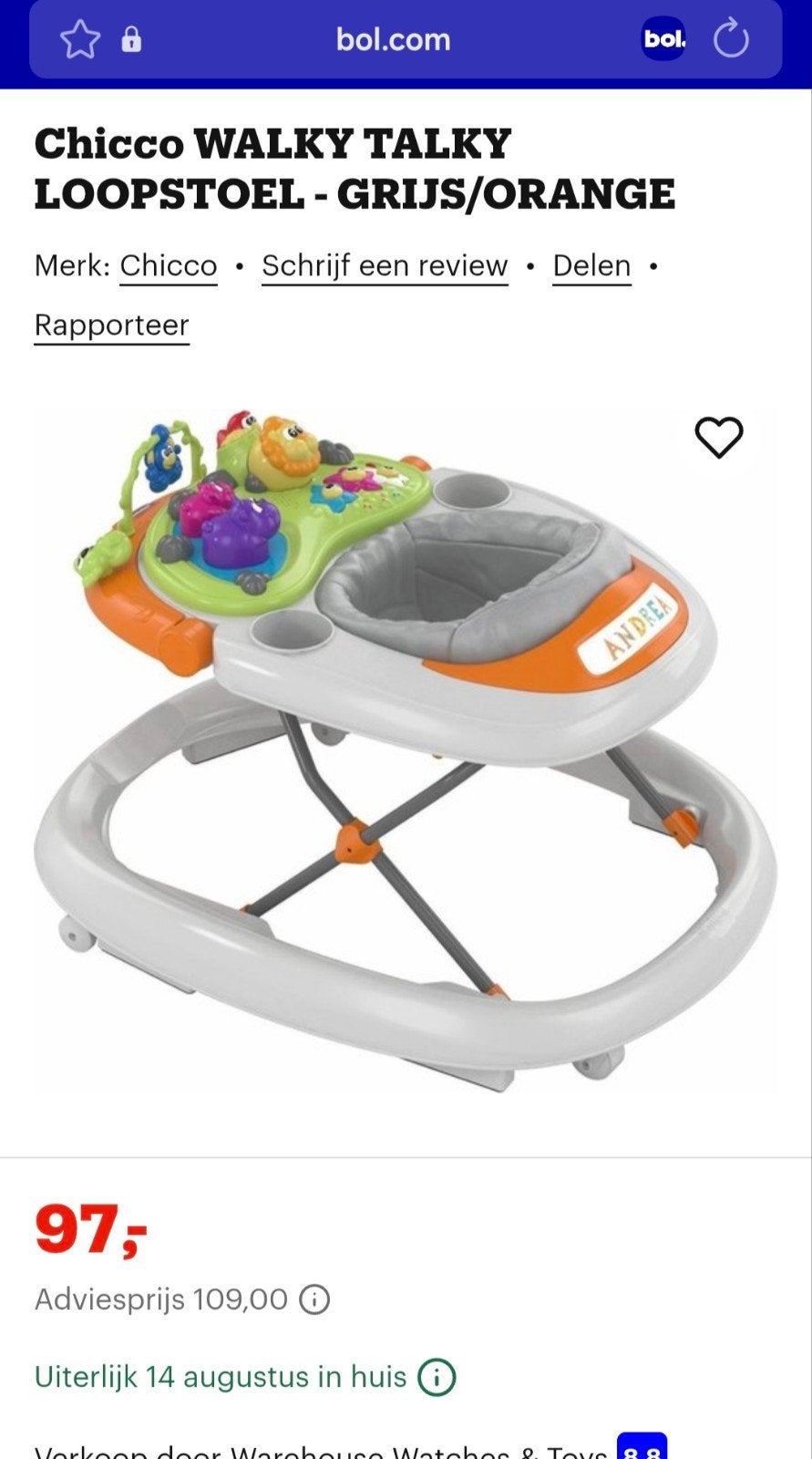 Chicco Babywalker met speelblad en wieltjes, Kinderen en Baby's, Ophalen, Zo goed als nieuw, Overige typen, Met geluid